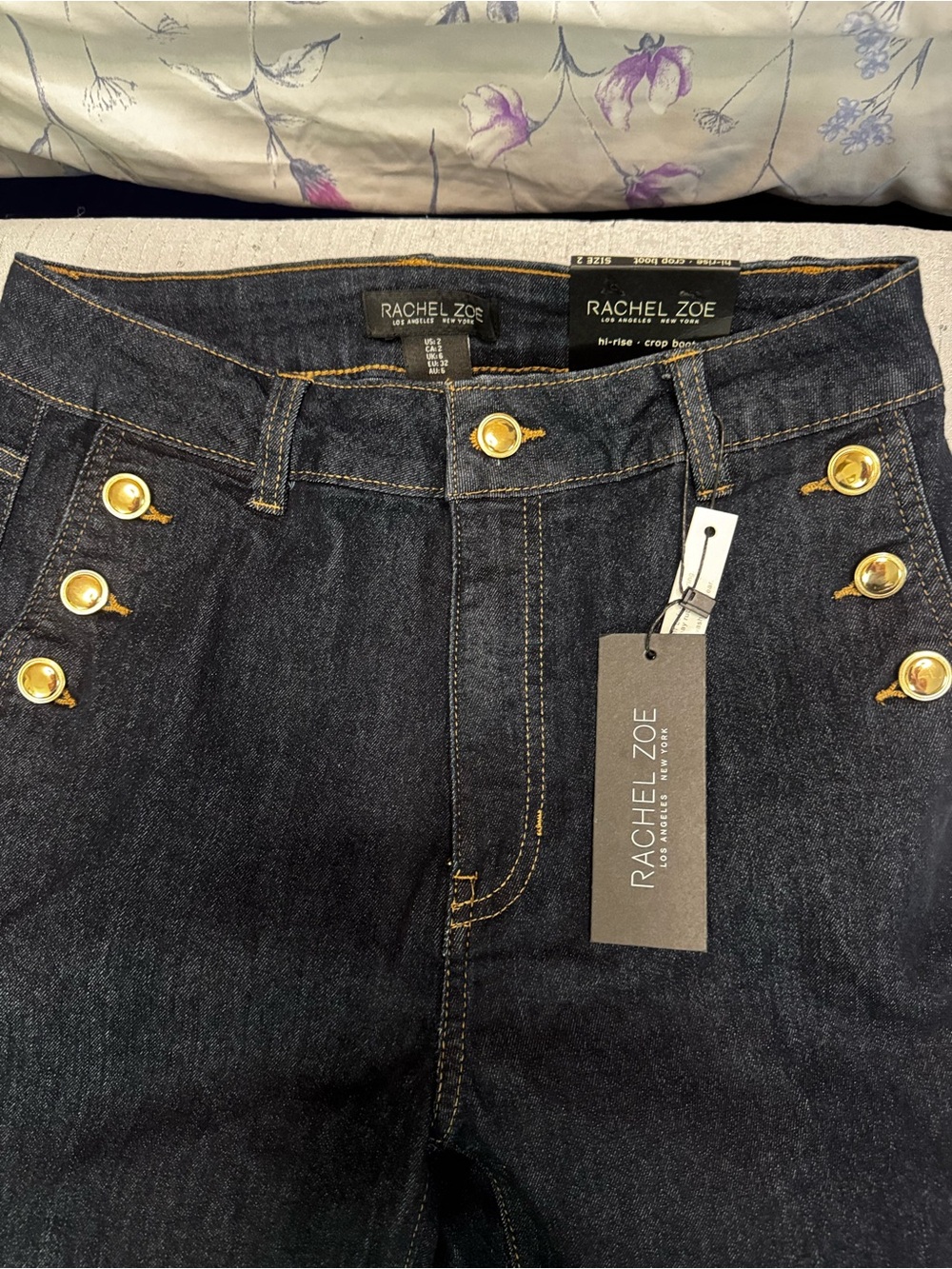Rachel Zoe Dark Indigo High-Rise Sailor Jeans with Gold Buttons